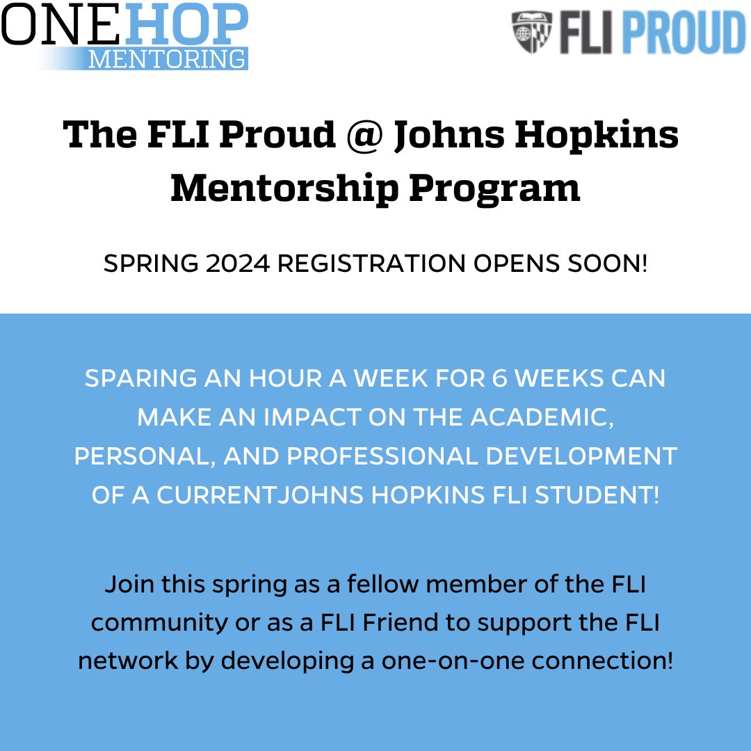 Registration for FLI mentorship for the spring 2024 cohort will be open from Jan 15 through Feb 2! Both FLI-identifying and FLI-supporting alumni are encouraged to participate. Click the link to learn more: bit.ly/3Cyq3GM @TessaWMcKenzie