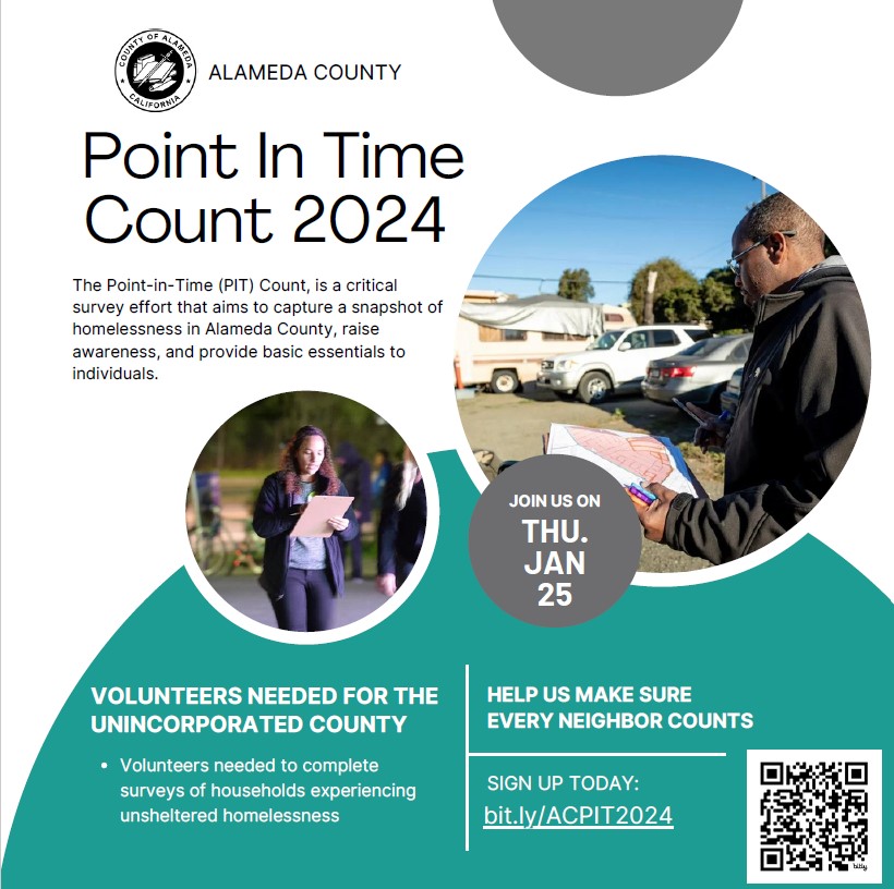 Are you looking to volunteer or help out in your community? The Point-in-Time (PIT) Count is a county-wide count of all people experiencing #homelessness during a 24-hour period. Register to volunteer at alameda24.pointintime.info #CountingUs #PITCount #alamedacounty