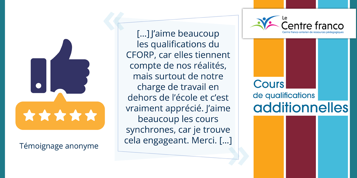 Profitez de l’expertise d’une équipe chevronnée!
Ces cours offerts en ligne vous permettront d’acquérir des stratégies diversifiées et transférables en salle de classe.
Découvrez la programmation et inscrivez-vous!
👉 lecentrefranco.ca/cours-de-quali…

#lecentrefranco #QA #qualification