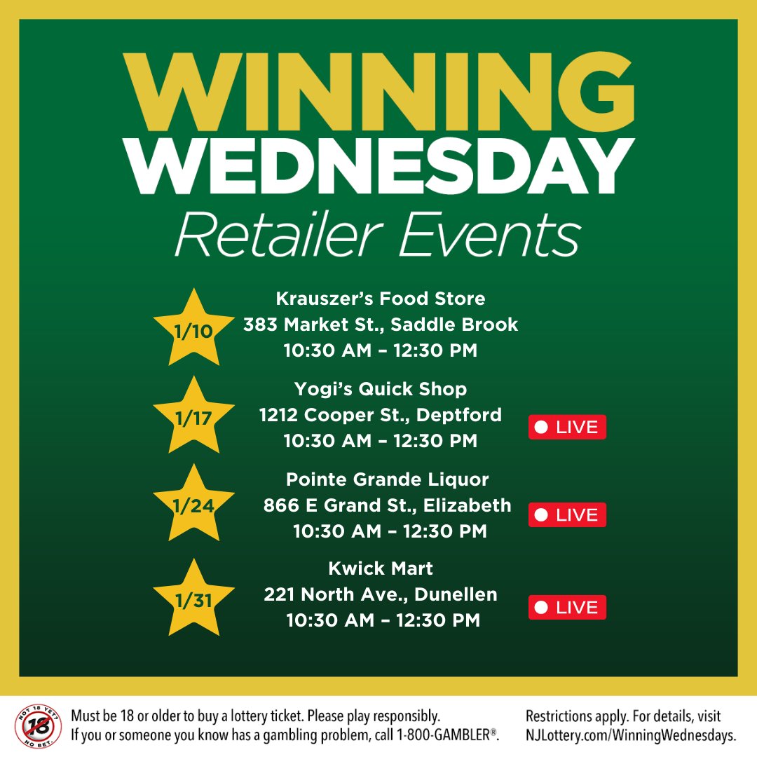 NJLottery's tweet photo. Don't miss our #WinningWednesday retailer events! Come for a chance to win Scratch-Offs, TVs, event tickets, or a game system on our Giant Prize Wheel. Can’t make it to an event? The last three will also include a chance to win on Facebook Live! More details to come. #NJLottery https://t.co/OlKIZOx4lM