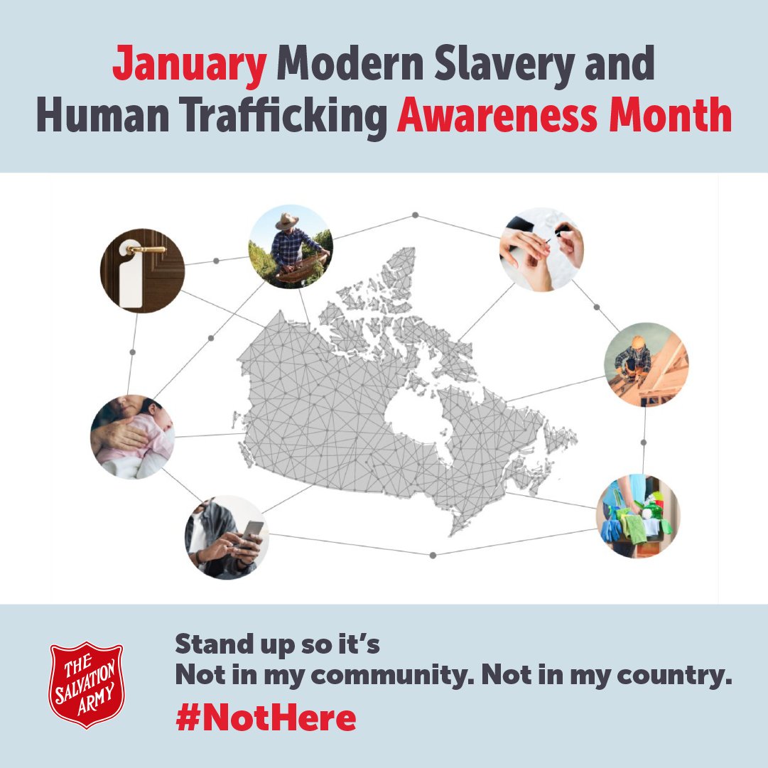 TSAPrairies's tweet image. January is Modern Slavery and Human Trafficking Awareness Month.

Modern Slavery and Human Trafficking (MSHT) crimes exist in Canada and worldwide. 

To learn more about The Salvation Army’s MSHT campaign and response, visit bit.ly/3NsKMlT
#NotHere