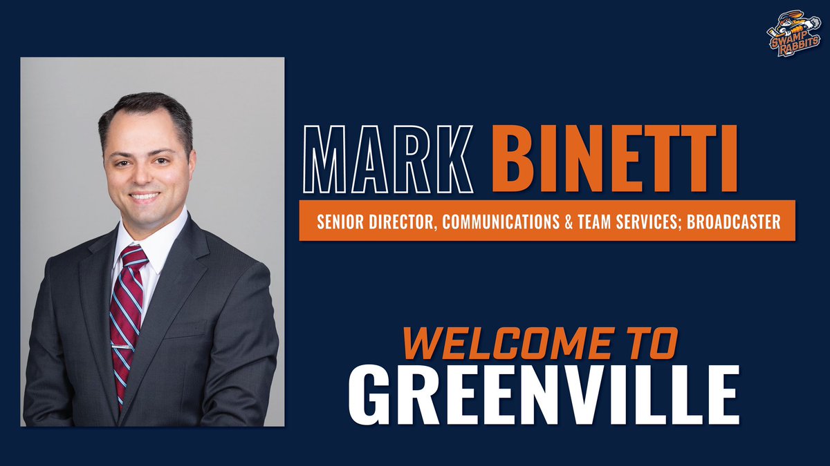 SwampRabbits's tweet photo. Welcome to Greenville, Mark!
@BinettiPxP will be joining the team as the Senior Director of Communications and Team Services. He will also serve as the voice of the Swamp Rabbits.
Tap for more info: https://t.co/KUbexhb0IR https://t.co/h17GMmUd7p