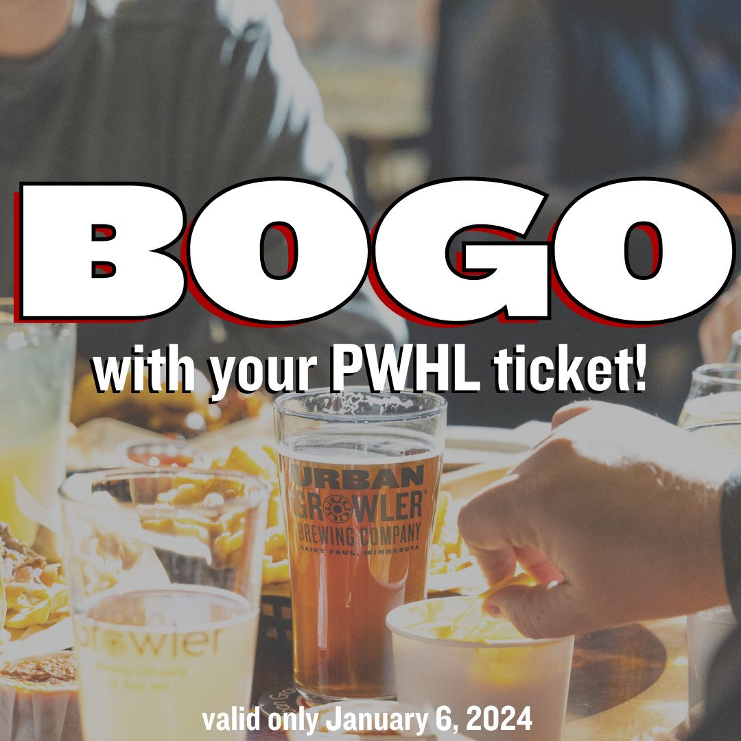 BOGO tomorrow, January 6, for the PWHL kickoff! 🏒🍻❄️

Stop by Urban Growler (the unofficial warming house) before or after the 2:30pm game! Show us your ticket to the Professional Women's Hockey League game tomorrow for BOGO drinks!