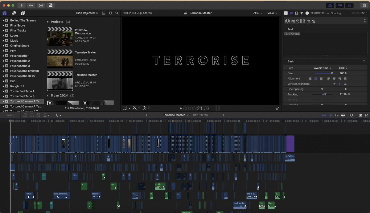 jasonimpey's tweet photo. It’s been emotional! The final cut of Terrorise mastering off now, ready to send off to @HorrorOnSea for its worldwide premiere 13th January #terrorise #indiefilm #supportindiefilm #postproduction #filmmaking #edittimeline https://t.co/QBwK2cSjYJ