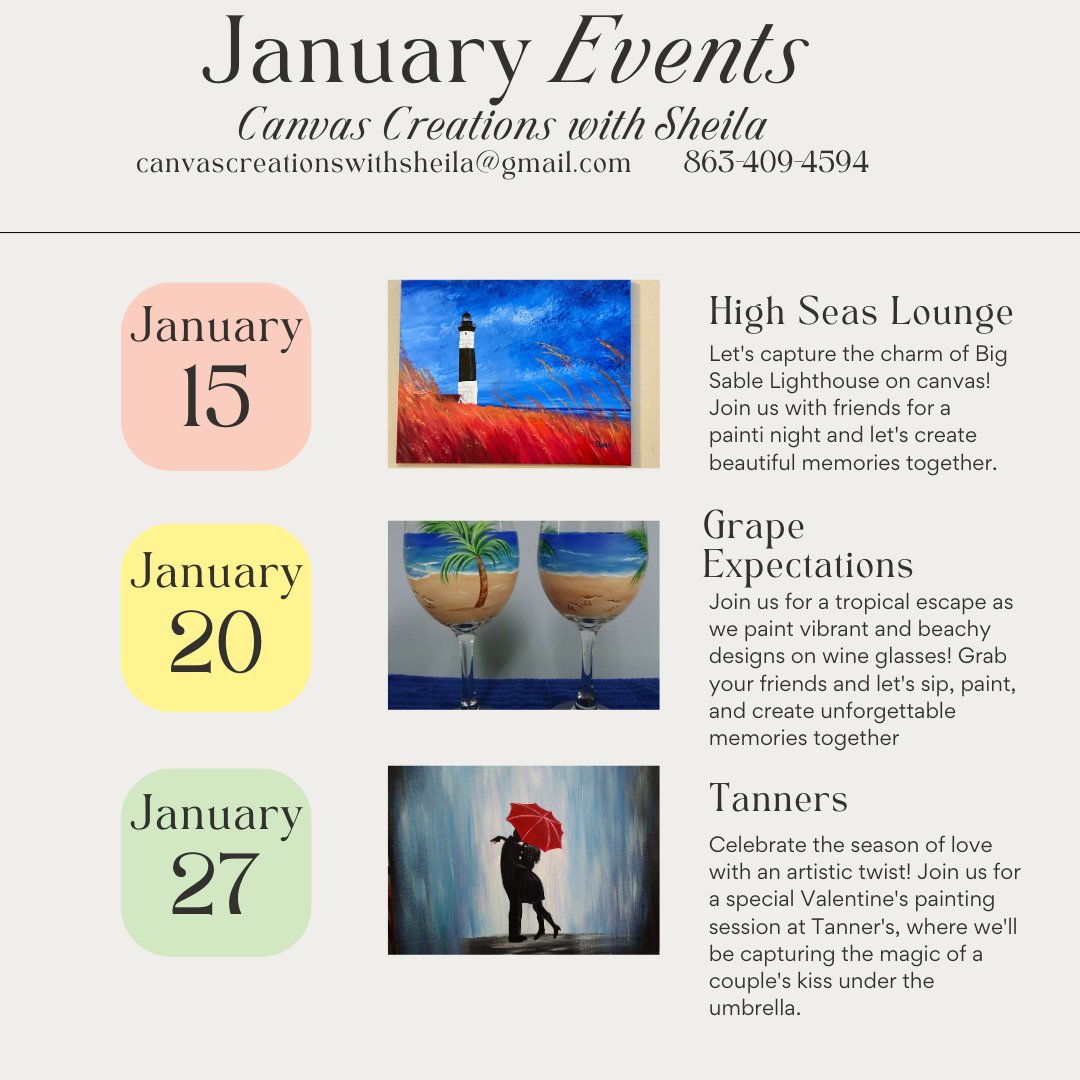 CCwithSheila's tweet photo. Check out these January painting class opportunities! Be sure to save the dates for your favorites! Can't wait to see everyone!
#paintparty
#paintandsip
#paintwithfriends
#art
#handpainted https://t.co/GnX5lcgXtO