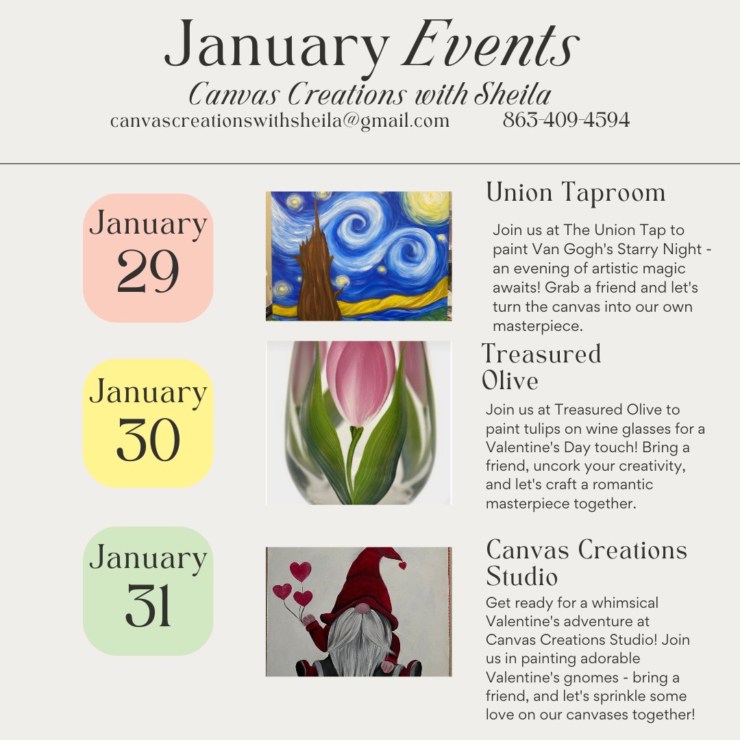 CCwithSheila's tweet photo. Check out these January painting class opportunities! Be sure to save the dates for your favorites! Can't wait to see everyone!
#paintparty
#paintandsip
#paintwithfriends
#art
#handpainted https://t.co/GnX5lcgXtO