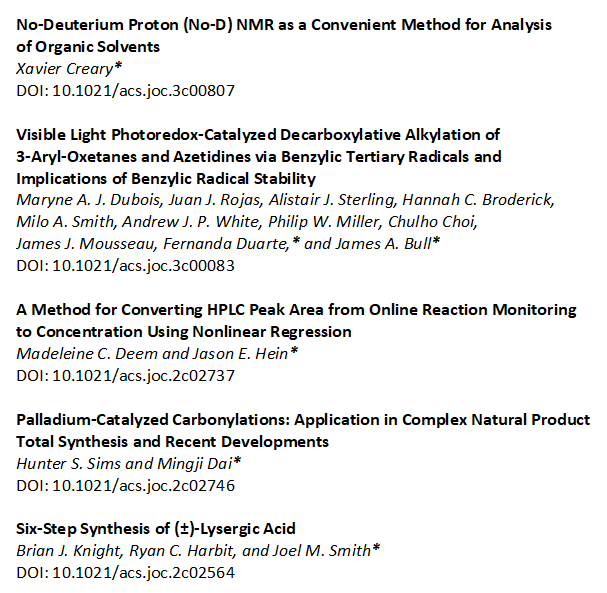 Here's our Top 5 most-viewed #JOrgChem research articles published in 2023, check out what your friends and colleagues were finding interesting 👇 dx.doi.org/10.1021/acs.jo… dx.doi.org/10.1021/acs.jo… dx.doi.org/10.1021/acs.jo… dx.doi.org/10.1021/acs.jo… dx.doi.org/10.1021/acs.jo…