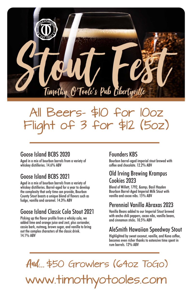 TimmyOTooles's tweet photo. Here is the line up of ALL 4 Timothy O’Toole’s locations for #StoutFest
Plan ahead. Don’t Drink and Drive. https://t.co/zPWPrUUN0U