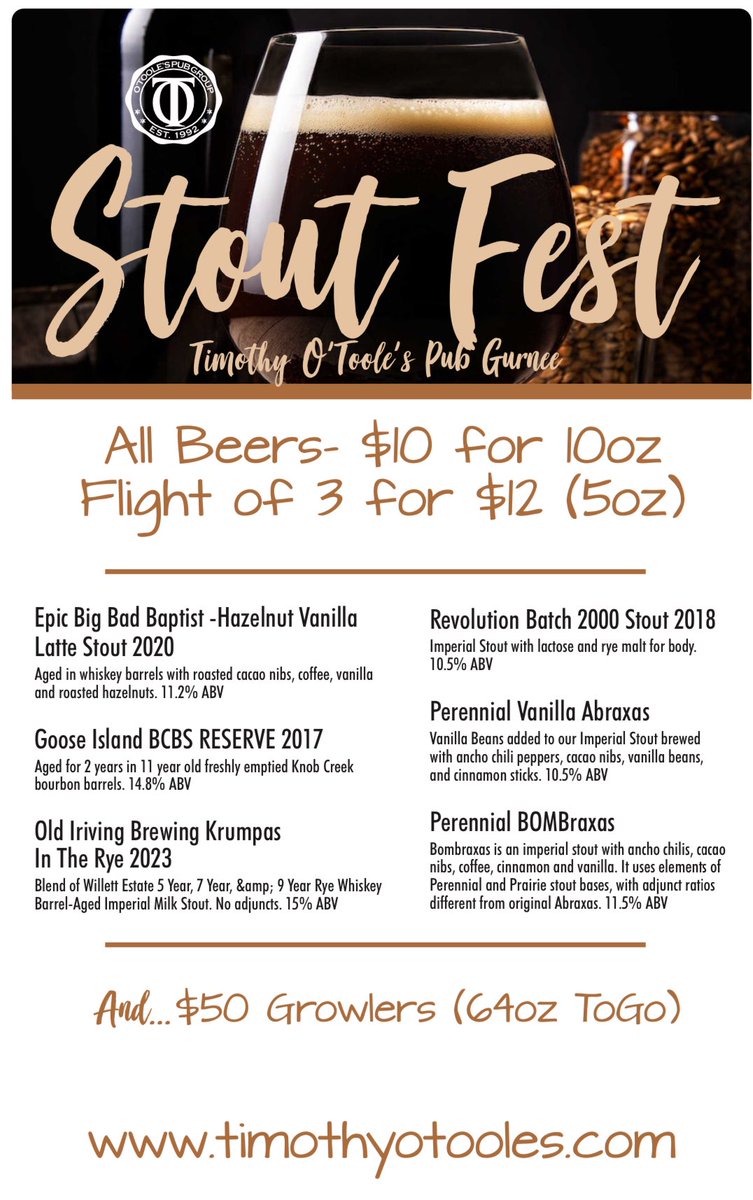 TimmyOTooles's tweet photo. Here is the line up of ALL 4 Timothy O’Toole’s locations for #StoutFest
Plan ahead. Don’t Drink and Drive. https://t.co/zPWPrUUN0U