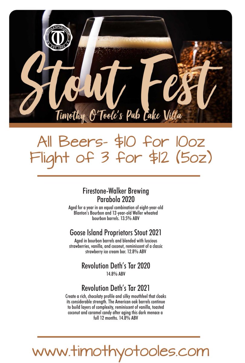 TimmyOTooles's tweet photo. Here is the line up of ALL 4 Timothy O’Toole’s locations for #StoutFest
Plan ahead. Don’t Drink and Drive. https://t.co/zPWPrUUN0U