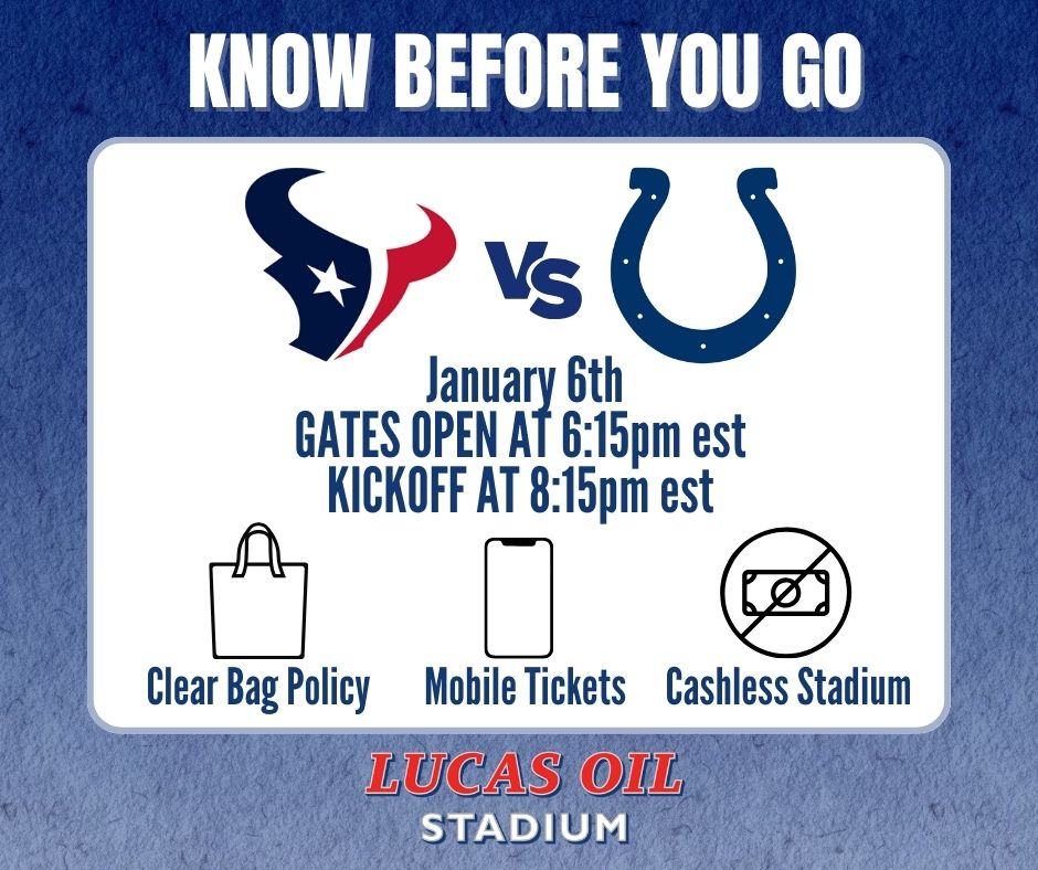LucasOilStadium's tweet image. (insert "Rocky" theme song here) 🥊 
Tomorrow = GAME DAY 🏈! In addition to having your #ColtsBlue ready to wear to the @HoustonTexans vs @Colts match-up, be prepared for:
👜 - Clear bag policy in effect
📱 -  Using mobile tickets
💳 - Cashless facility

#ForTheShoe #GoColts