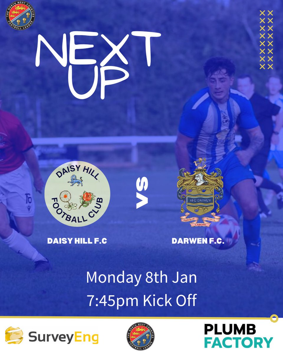 OfficialDHFC's tweet photo. First game of 2024 ⚽️

Monday night, we are back in action at home as we welcome @DarwenFC to the @plumbfactory stadium ⚽

🆚 Darwen
📅 Mon 8th January 
📍 Home Game
⏰ 7.45pm KO
🎟️ £6 Adults, £3 Conc, £2 U18s

Bar &amp; kitchen available 🍻🥧

Come down and support the lads 🔵⚪️ https://t.co/jpkfpUYKY3