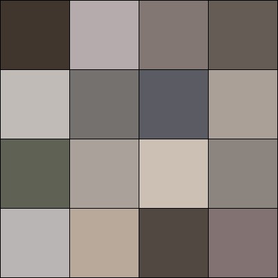 Inspired by Vera Molnár's “16 couleurs roses” - 16 pavement colours of London. Created by taking photos of 16 pavements and randomly choosing a colour from each to display as a square. #genuary #genuary5 #genuary2024