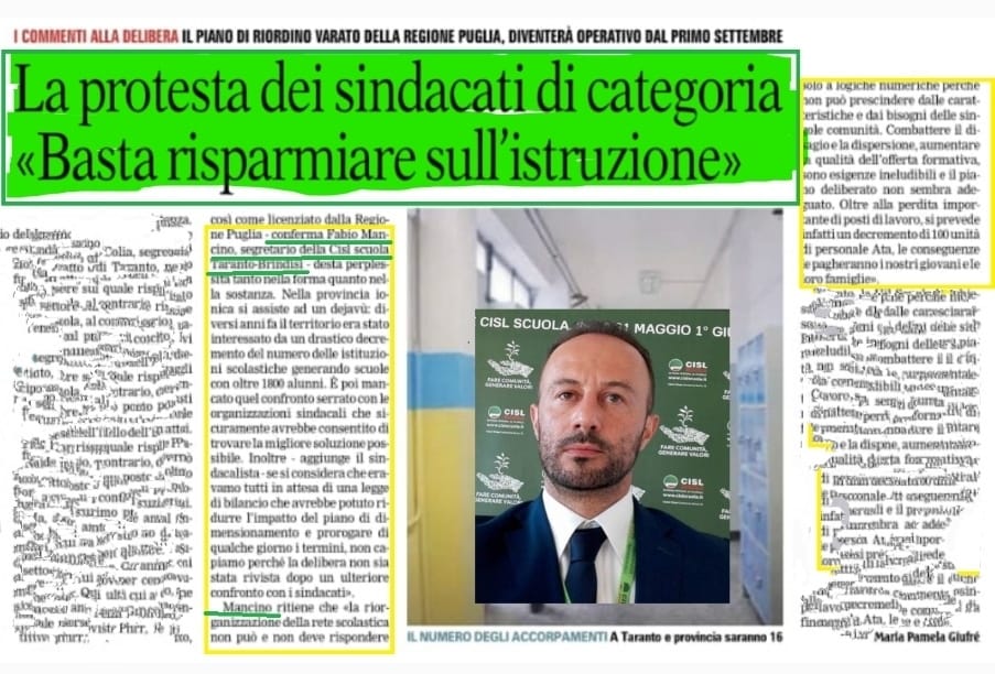 CISLSCUOLATABR_'s tweet photo. 🟩 su La Gazzetta del Mezzogiorno 
FABIO MANCINO "PIANO DIMENSIONAMENTO INADEGUATO"
Rassegna stampa 
https://t.co/WoJZy8KmBB @cislscuola @IvanaBarbacci @robertocalienno @CislPuglia @cislscuolapuglia @fabiocmancino @CISLSCUOLATABR_ @CislTaBr https://t.co/WE8wC6M8cP