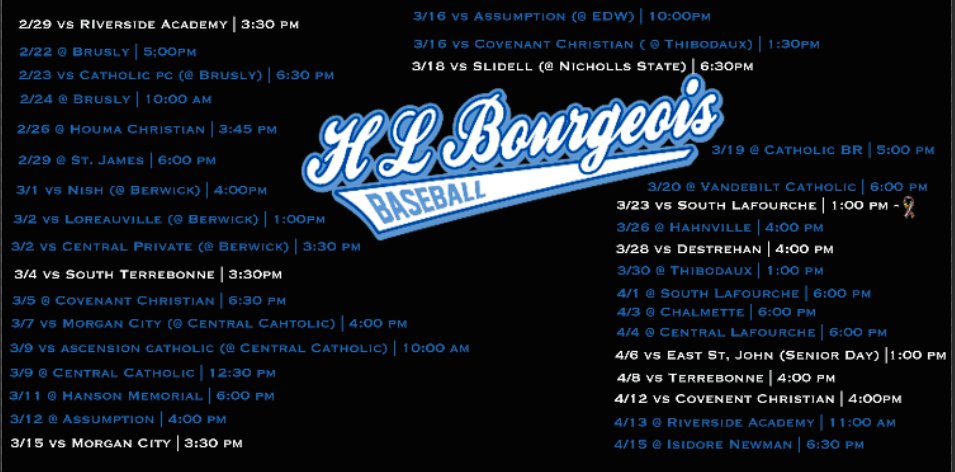 Hlb_Baseball's tweet photo. 2024 H.L Bourgeois Baseball Schedule https://t.co/S0m52Ufhkj