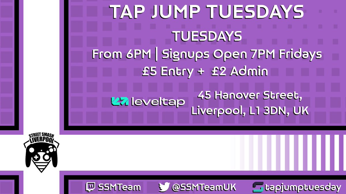 SSMTeamUK's tweet image. Signups for THE FIRST Tap Jump Tuesday OF 2024 are now OPEN!

Come down to Liverpool's favourite SSBU local at @LevelTapLPL 🔥

🏆 24 player cap
📌 Level Tap, 45 Hanover St, Liverpool
🕡 Arrive from 6:00pm next Tuesday
🛑 18+ | No outside food &amp;amp; drink

start.gg/tapjumptuesday