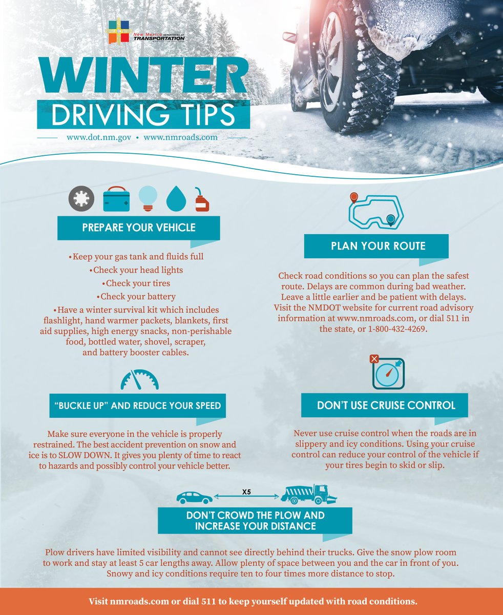 Snow covered and slick driving conditions may still exist on our roads. Please be sure to drive safe, take it slow and know before you go. #NMDOTcares #nmdot #nmwx #winterdrivingtips