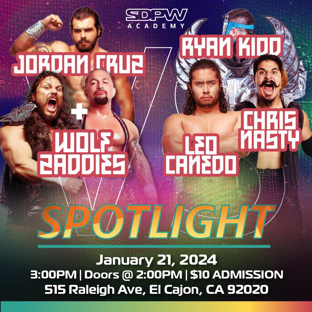 🚨 MAIN EVENT 🚨 Be there on January 21st to witness the Spotlight main event of The Wolf Zaddies & Jordan Cruz taking on the newly formed team of Ryan Kidd, Chris Nasty, and Leo Canedo! #SDPWA #Spotlight #prowrestling #sandiego 🎨 @howellns1