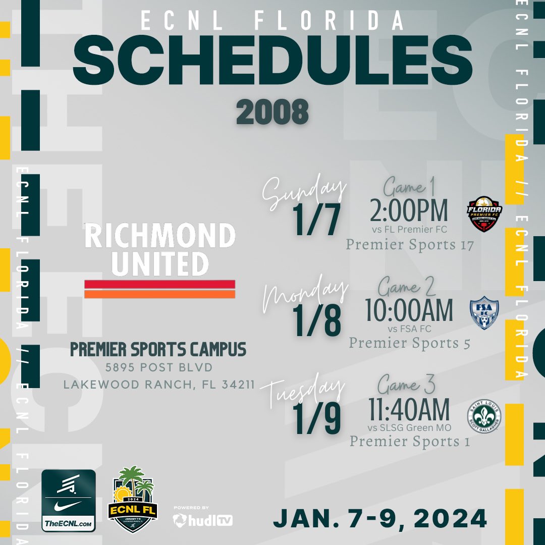 Kicking off 2024 with a Showcase Weekend! Our 2005/06, 2007 &amp; 2008 @ecnlgirls are headed to Florida for their first showcase of the year! Swipe 👈🏻 to see their schedule.