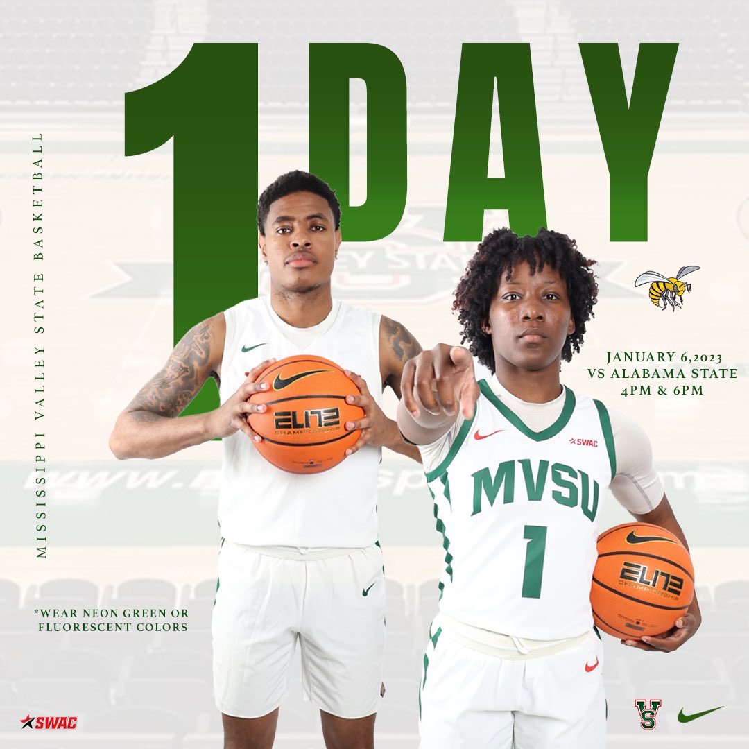 1 More Day! SWAC Conference basketball season starts tomorrow as MVSU hosts Alabama State University. It’s “Neon Night” so wear neon green or bright fluorescent colors! 🆚: Alabama State University ⏰: 4:00PM/6:00PM 🏟️: R.W. Harrison HPER Complex 📺: Valley State Sports Network