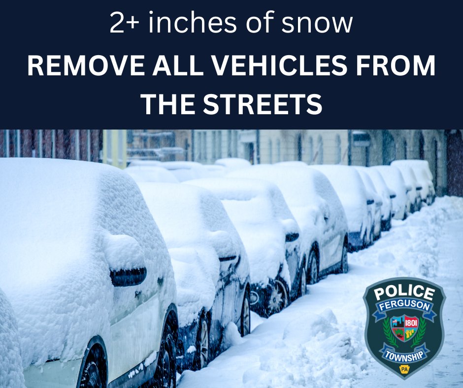 FergusonTwpPD's tweet photo. Reminder: Parking is prohibited on Township streets within 48 hours after a snowfall of 2 or more inches. Remaining vehicles may be ticketed and/or towed. Residents must also keep the full width of their sidewalks clear of snow and ice.

More information: https://t.co/sTIrhnhx3u https://t.co/BH1zubZgLh