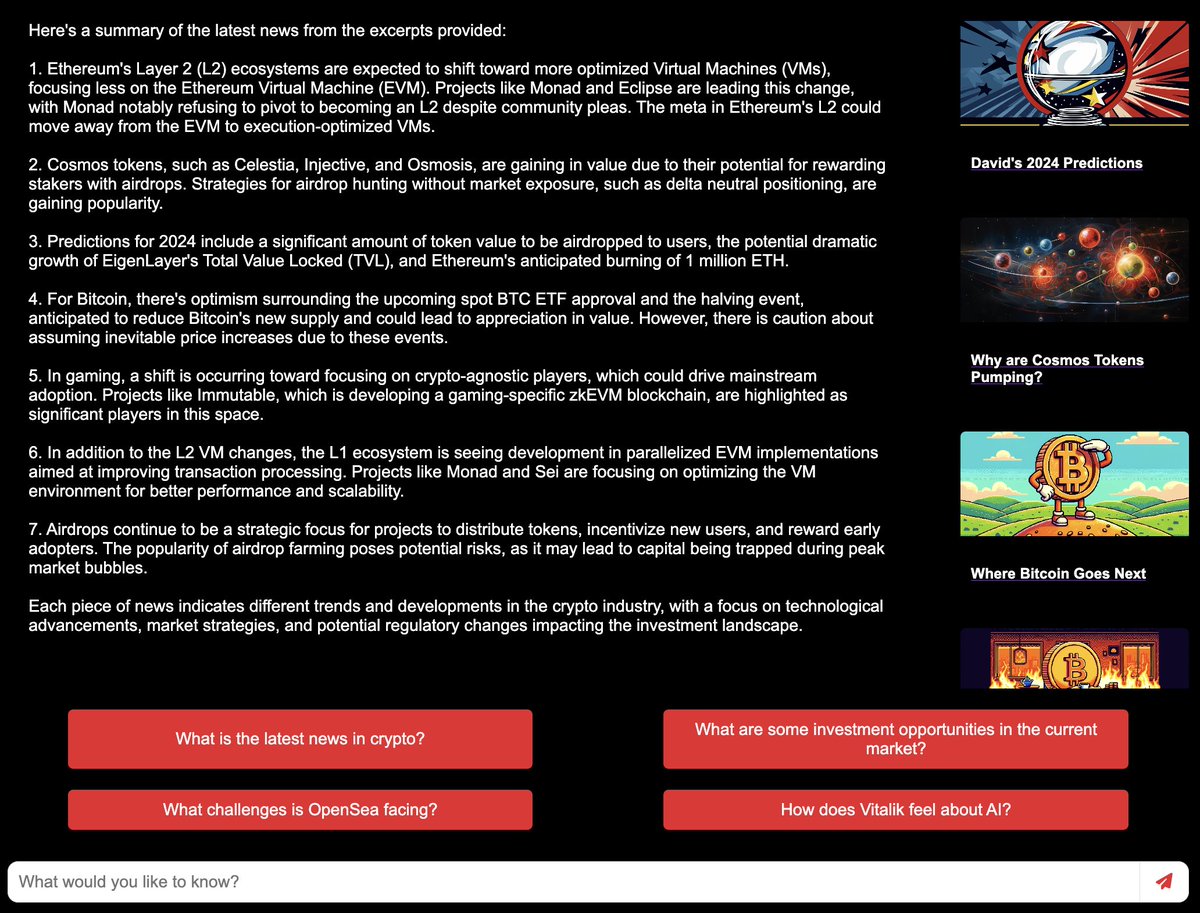 Lot's of updates to the BanklessGPT demo going into the weekend. 
- Added streaming so it's much faster
- Fixed the functionality to get the latest news
- Updated the knowledge base
- New domain to hold more upcoming GPTs in one place
demo.mosaicgpts.com/bankless

Get a quick summary