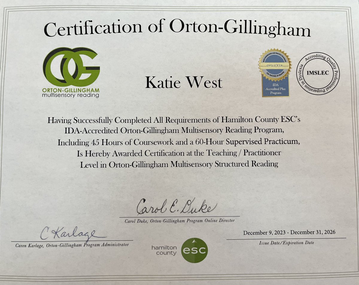 I’m officially #ortongillingham certified! 🎉A huge shoutout to my #AmityFamily for their support! 🥰 I’m so excited to use what I’ve learned with my students! 🙌 <a href="/DeerParkAmity/">Deer Park Amity</a> <a href="/DeerParkSchools/">Deer Park Schools</a> <a href="/IMSEOG/">Institute for Multi-Sensory Education</a> <a href="/ncte/">National Council of Teachers of English (NCTE)</a> <a href="/OCTELA/">OH English Teachers</a>