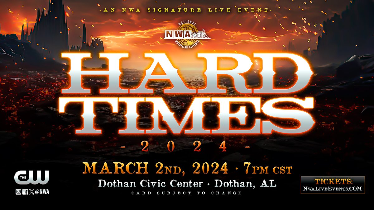 On Sale Now! The NWA is proud to announce we're coming to Dothan, AL on March 2, 2024 for a signature live event taped exclusively for The CW Network. It's the return of HARD TIMES! 🎟️bit.ly/HardTimes2024