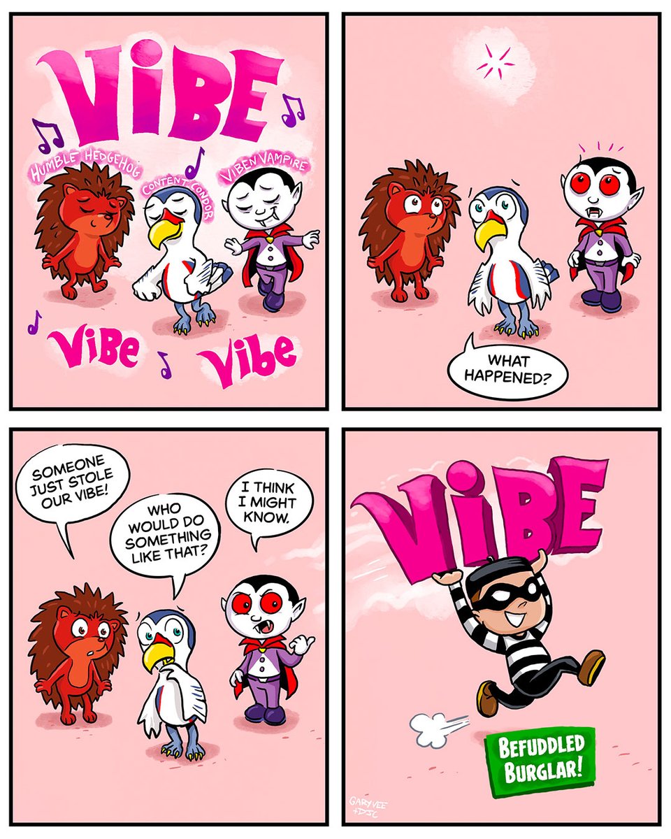 veefriends's tweet image. Don't let anybody steal your vibe this week! Share with a friend or co-worker who could use the reminder. 

#VeeFriendsComics #comics #positivity #goodvibes #mondayvibes #HumbleHedgehog #hedgehog #ContentCondor #condor #VibenVampire #vampire #BefuddledBurglar