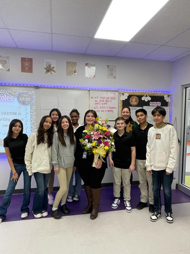 Eastlake_Middle's tweet photo. Please help me congratulate our very own 2024 Raven Teacher of the Year, Ms. Guereque! @SGuereque_ELMS #TeamSISD #LiveTheMission #GreatnessOnTheHorizon 💜 @LAlvarez_ELMS @CBerumen_ELMS https://t.co/PEUQEhJSYD