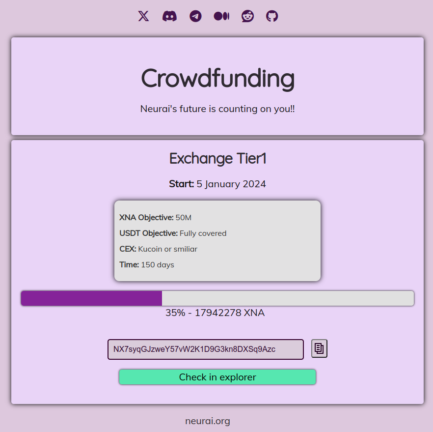neuraiproject's tweet photo. ✨ Donations open for new Exchange ✨
We know how important the community is for the project and we are attentive to your requests, so we have reopened the website for donations for a future new Tier1.

Right now we don't know what it could be, but it will be something similar to Kucoin and with your help, we are sure it is possible to achieve it.

We start from the 18M of XNA left over from the MEXC and Gate listing, so we have a part of it done.

Any donation will be welcome and between all of us it will be possible to reach the big leagues 💪

https://t.co/W9abx4ENjY

#Neurai #XNA $XNA #IoT #AI #Layer1