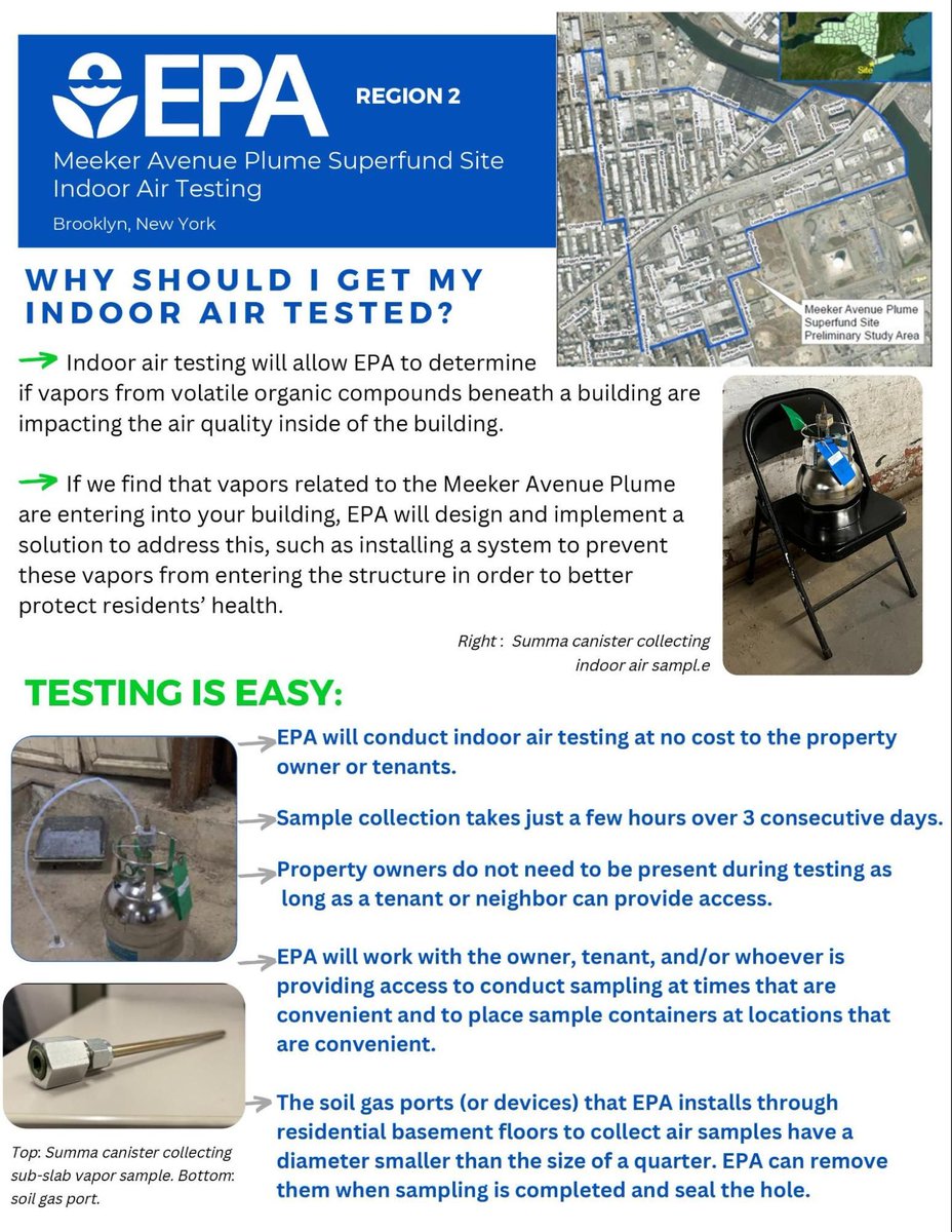 LincolnRestler's tweet photo. For Greenpointers living within the boundary of the Meeker Avenue Plume, the EPA is offering free testing during the heating season. 

If you’re a tenant or homeowner, call EPA Community Involvement Coordinator now - March to get your building's air quality checked: (929)656-3417 https://t.co/3Iy5Dz94Ce