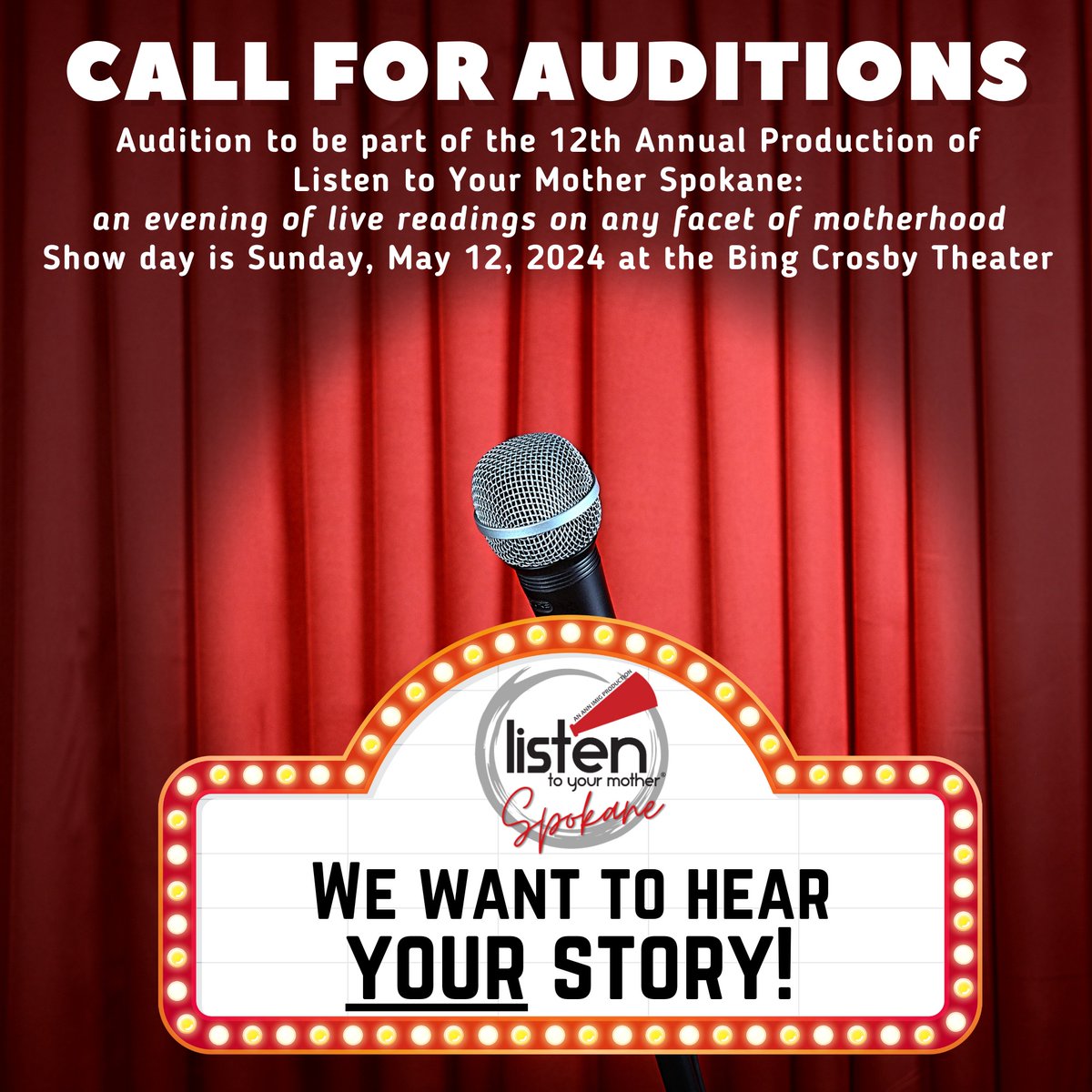 BingTheater's tweet photo. Listen To Your Mother is calling for auditions for their 12th Annual Production. It's an evening of live readings on any facet of motherhood. Auditions are by appointment only on 02.03. Email listentoyourmotherspokane@gmail.com for more information.
#listentoyourmother #ltym https://t.co/cgjfoPT5nX