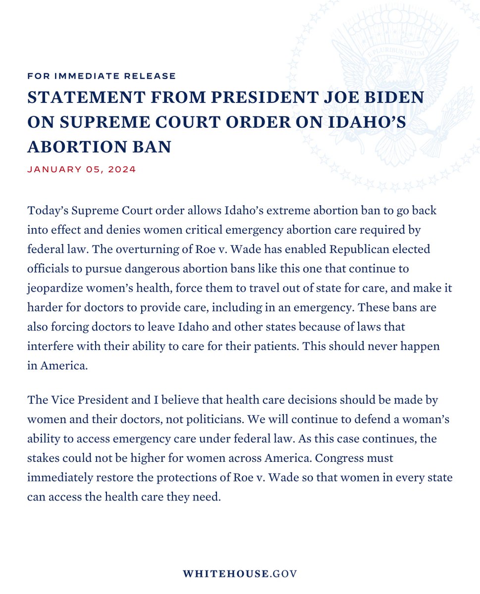 Today’s Supreme Court order allows Idaho’s abortion ban to go back into effect, denying women emergency abortion care required by law. These bans threaten women’s health, force them to travel, and make it harder for doctors to provide care. This should never happen in America.