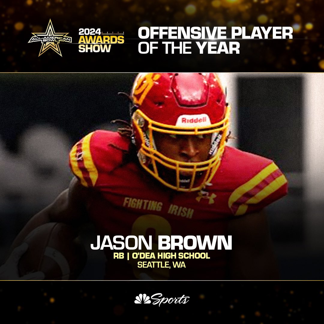 AABonNBC's tweet photo. Congratulations to @Jasonbrown2024 for being named the winner of the All-American Bowl’s Offensive Player of the Year Award.

#ForksUp 

#AABCO2ON4TION 👑🌹🏈

#AllAmericanBowl 🇺🇸 https://t.co/iSqY9nycSE