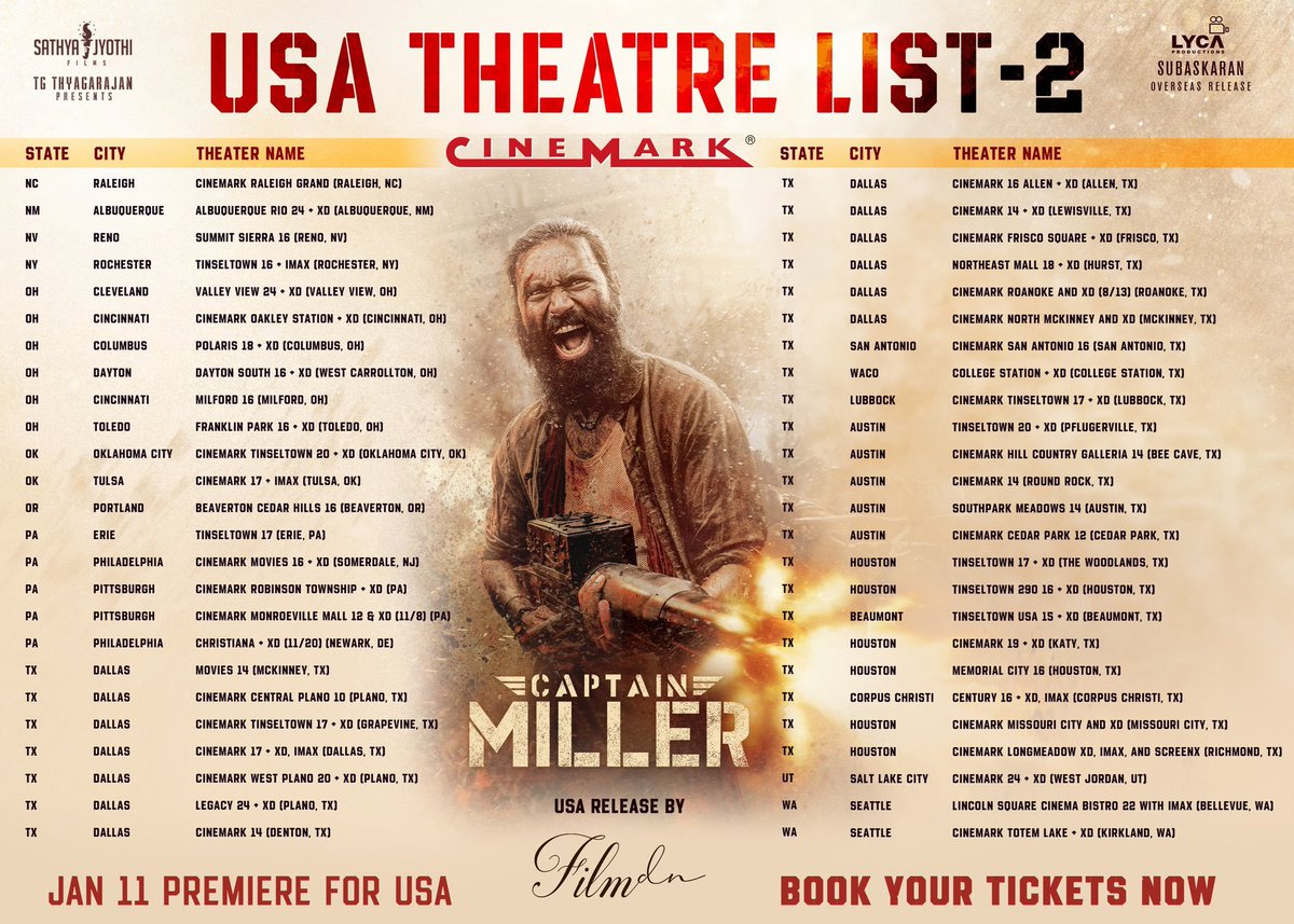 TradeBOC's tweet photo. 🌟🇺🇸 Exciting news for fans in the USA! 

Here's the Cinemark theatre list for the premiere of #CaptainMiller, scheduled for January 11th. 

#CaptainMillerPremiere #CinemarkTheatreList #USARelease #CinematicSpectacle