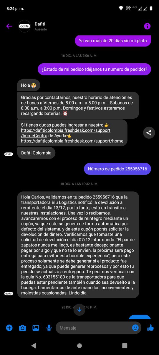 FedezCarl's tweet photo. @Dafiti_Colombia Desde el 26 de noviembre hice una compra, pagué de inmediato para que llegara pronto (hubiese escogido pago contra entrega) y tardo mucho y cuando llegó más de 10 días después, la rechacé porque no la necesitaba ya, desde entonces he puesto más de 10 "tickets" https://t.co/4gtuv3FVId