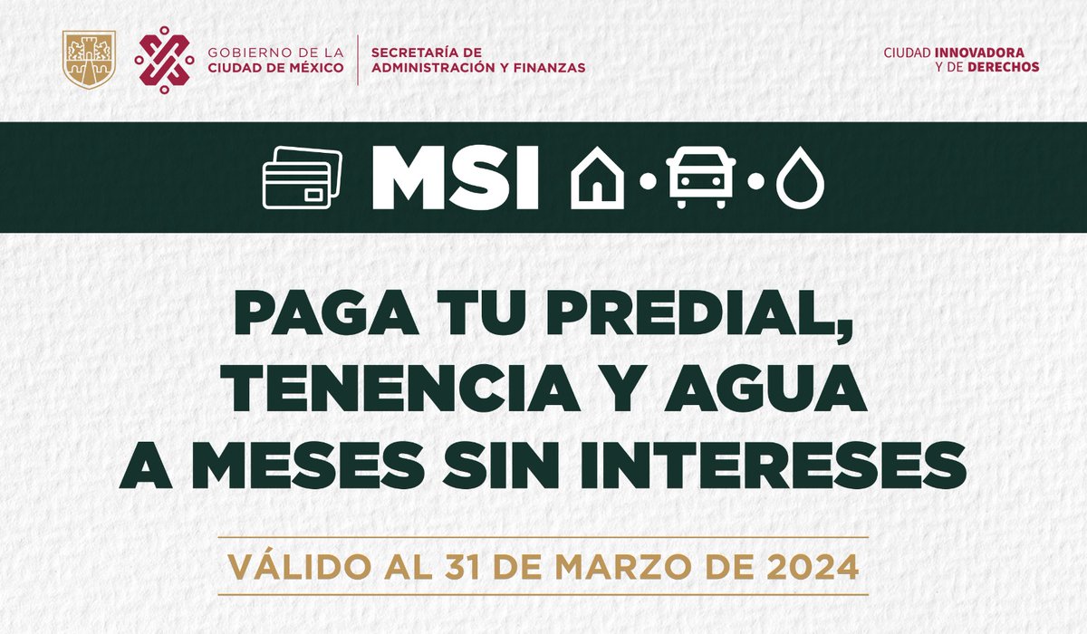 Finanzas_CDMX's tweet photo. Recuerda que puedes diferir a meses sin intereses el pago anual anticipado de tu #Predial2023 🏠 💳✨
Consulta las tarjetas participantes en: https://t.co/cF6P87W2PQ
¡Aprovecha las facilidades que tenemos para ti!
#GobiernoConAcentoSocial https://t.co/TlJHIuTz6L