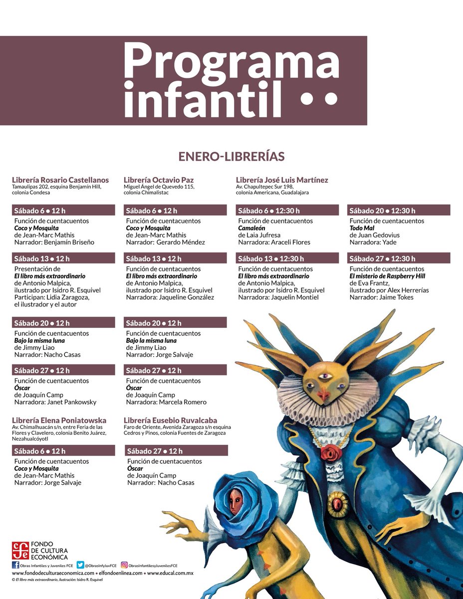 Te compartimos nuestro programa infantil con nuestras funciones de #cuentacuentos de #Enero. Recuerda que tenemos todos los sábados al mediodía en las librerías #RosarioCastellanos, #OctavioPaz y #JoséLuisMartínez. ¡No te las pierdas!

@LibreriasEducal #RepúblicaDeLectores