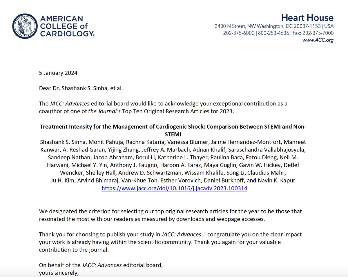 Congratulations to the #CSWG team led by @ShashankSinhaMD and @NavinKapur4! This is such a wonderful recognition from @JACCJournals. Looking forward to more high-quality work from the #CSWG in 2024! @BrownUniversity @BrownCardiology @BrownIMChiefs