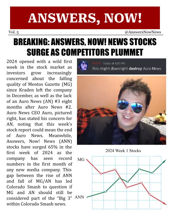 Answers, Now! (@answersnownews) on Twitter photo 🚨EXCLUSIVE: <a href="/Auro__X/">:)</a> News and <a href="/MentosGazette/">Mentos Gazette</a> stocks PLUMMET as <a href="/AnswersNowNews/">Answers, Now!</a> hits record highs for the first week of 2024. 🚨EXCLUSIVE: <a href="/Auro__X/">:)</a> News and <a href="/MentosGazette/">Mentos Gazette</a> stocks PLUMMET as <a href="/AnswersNowNews/">Answers, Now!</a> hits record highs for the first week of 2024.