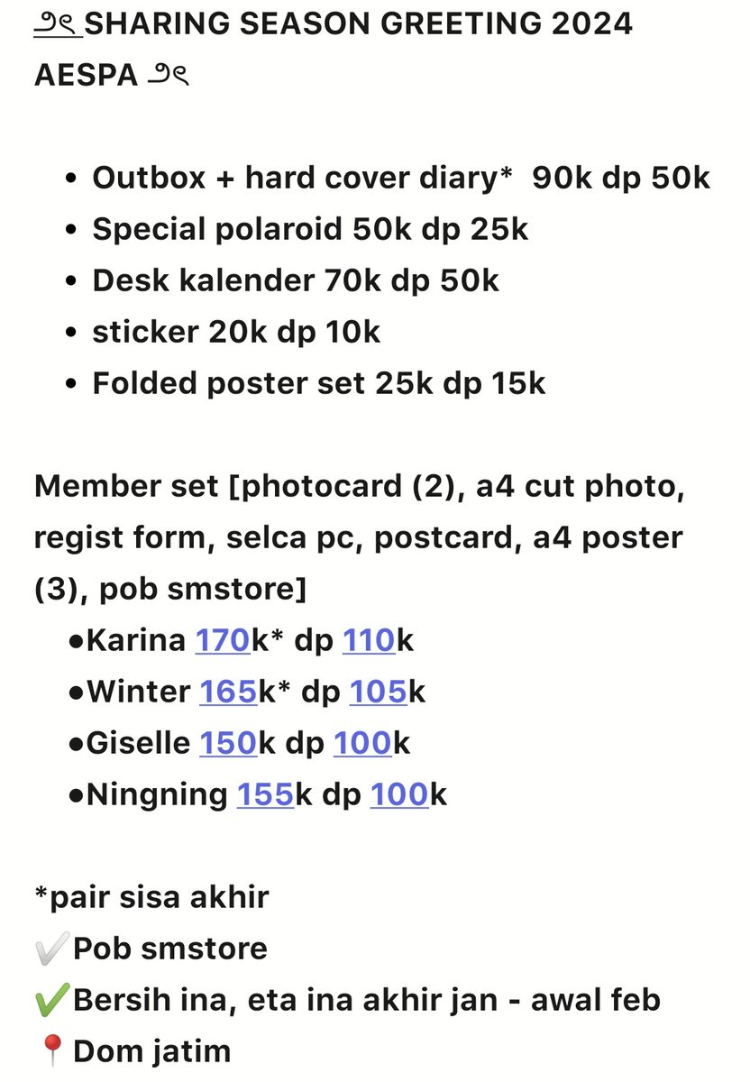 yeolilly's tweet image. ౨ৎ sharing season greeting 2024 aespa batch 2 ౨ৎ

‼️Detail on pict
MUST FULL
Pob smstore
*pair akhir
✅Bersih ina
✅Handcarry perkiraan sampai ina akhir jan - awal feb
📍Jatim