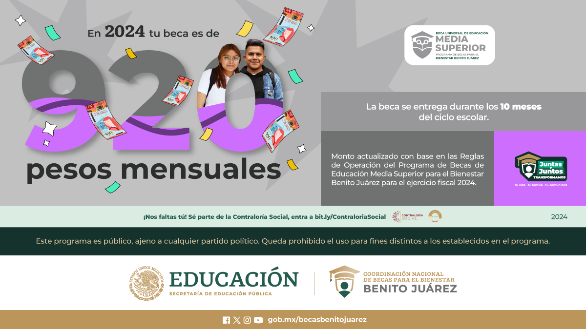 Becaria y becario de Educación #MediaSuperior 👩‍🎓🧑‍🎓

¡En este #2024 tu #BecaBenitoJuárez es de 920 pesos mensuales!😀

Para que continúes tus estudios y cumplas todos tus sueños. ✨

#JuntasYJuntosTransformamos

Más información en la página: bit.ly/ReglasDeOperac…