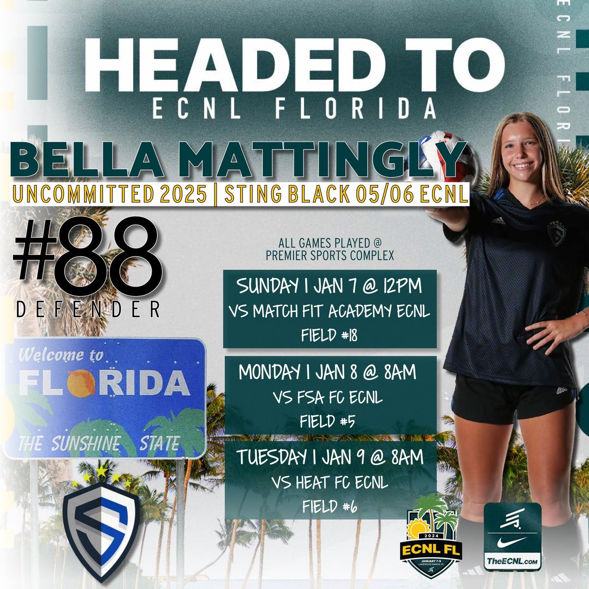 Excited to be joining @StingECNL06 this weekend and play some competitive games in Florida! ☀️ I will be in #88! Let’s GO! Good luck to my team @stingblk06ghart. 💙 THANK YOU @The_Hart_Legacy for believing in me and for this opportunity! @adamflynnAF @StingSoccerClub