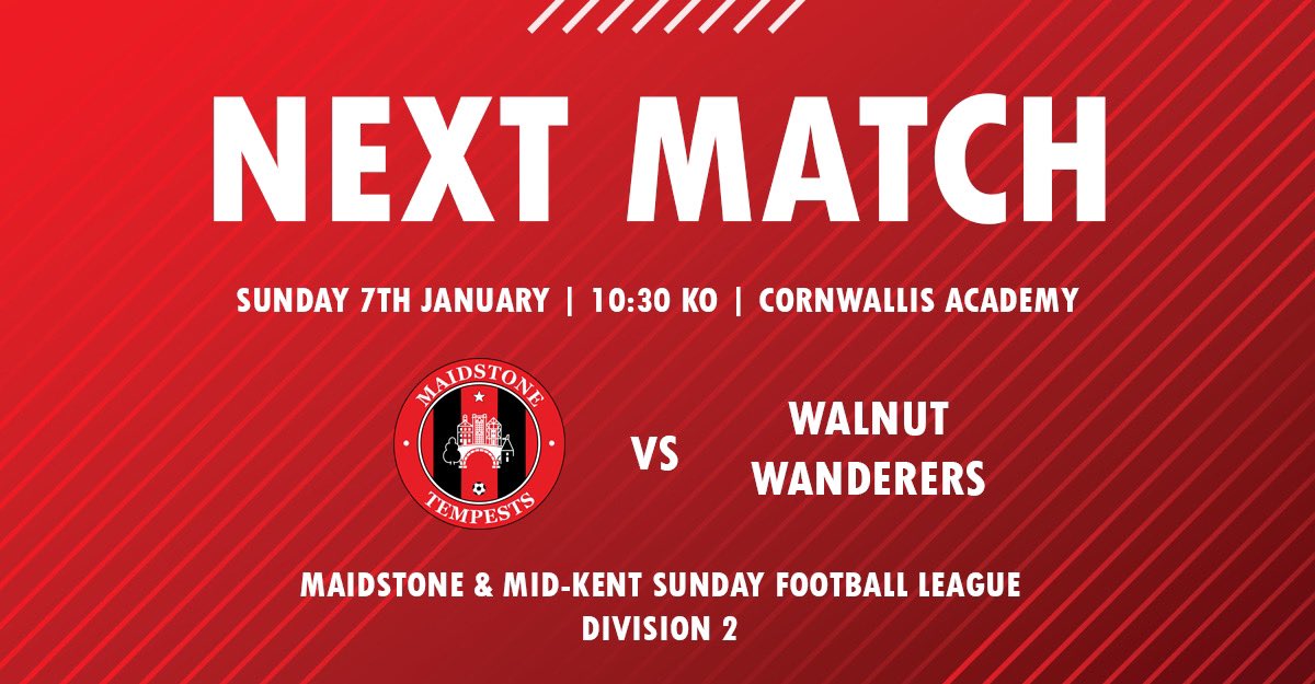 Tempests kick off 2024 at home to Walnut Wanderers

⚽️ <a href="/mmksfl/">Maidstone & Mid Kent Sunday Football League</a> Div 2
🆚 Walnut Wanderers
🕒 Sun 7th October / 10:30 KO
🏟 Cornwallis Academy / ME17 4HX

Referee - N Wilde.

#WeAreTempests #SundayLeague @SELKGrassroots #MaidstoneTempests