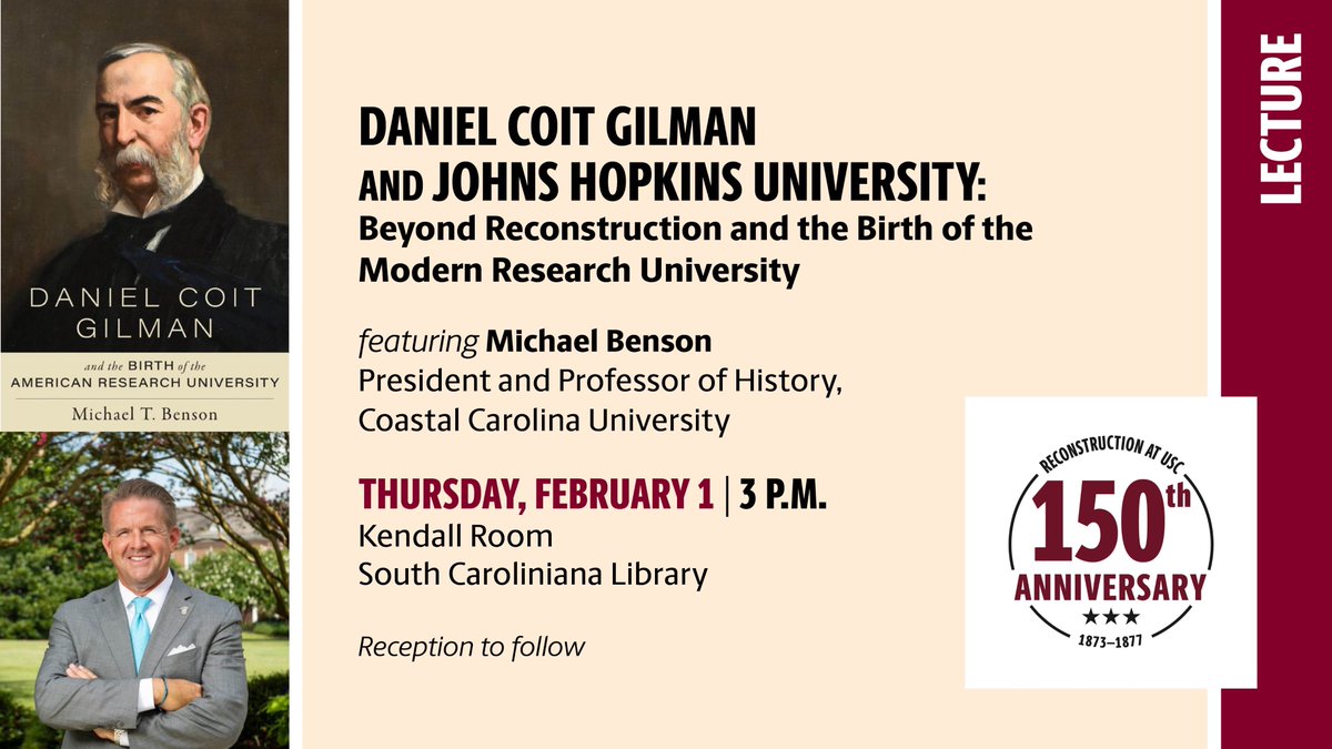 Christian Anderson (@profgamecock) on Twitter photo Very excited to host <a href="/michaeltbenson/">Michael T. Benson</a>, president and professor at <a href="/CCUChanticleers/">Coastal Carolina University</a>! He will speak at <a href="/UofSC/">University of South Carolina</a> on his book, "Daniel Coit Gilman and the Birth of the American Research University" (<a href="/JHUPress/">Hopkins Press</a>) on Thursday, February 1, 2023 at 3:00 p.m. in the <a href="/UofSCaroliniana/">South Caroliniana Library</a>. Very excited to host <a href="/michaeltbenson/">Michael T. Benson</a>, president and professor at <a href="/CCUChanticleers/">Coastal Carolina University</a>! He will speak at <a href="/UofSC/">University of South Carolina</a> on his book, "Daniel Coit Gilman and the Birth of the American Research University" (<a href="/JHUPress/">Hopkins Press</a>) on Thursday, February 1, 2023 at 3:00 p.m. in the <a href="/UofSCaroliniana/">South Caroliniana Library</a>.