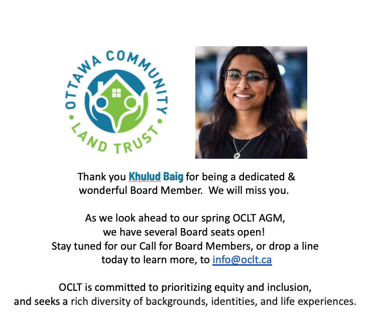 We're grateful for everything Khulud Baig offered to the OCLT as a recent Board member. Thank you! 

As we approach our spring AGM, we have several open Board seats. Watch for our Call for Board members, or reach out to the OCLT today to learn more!
