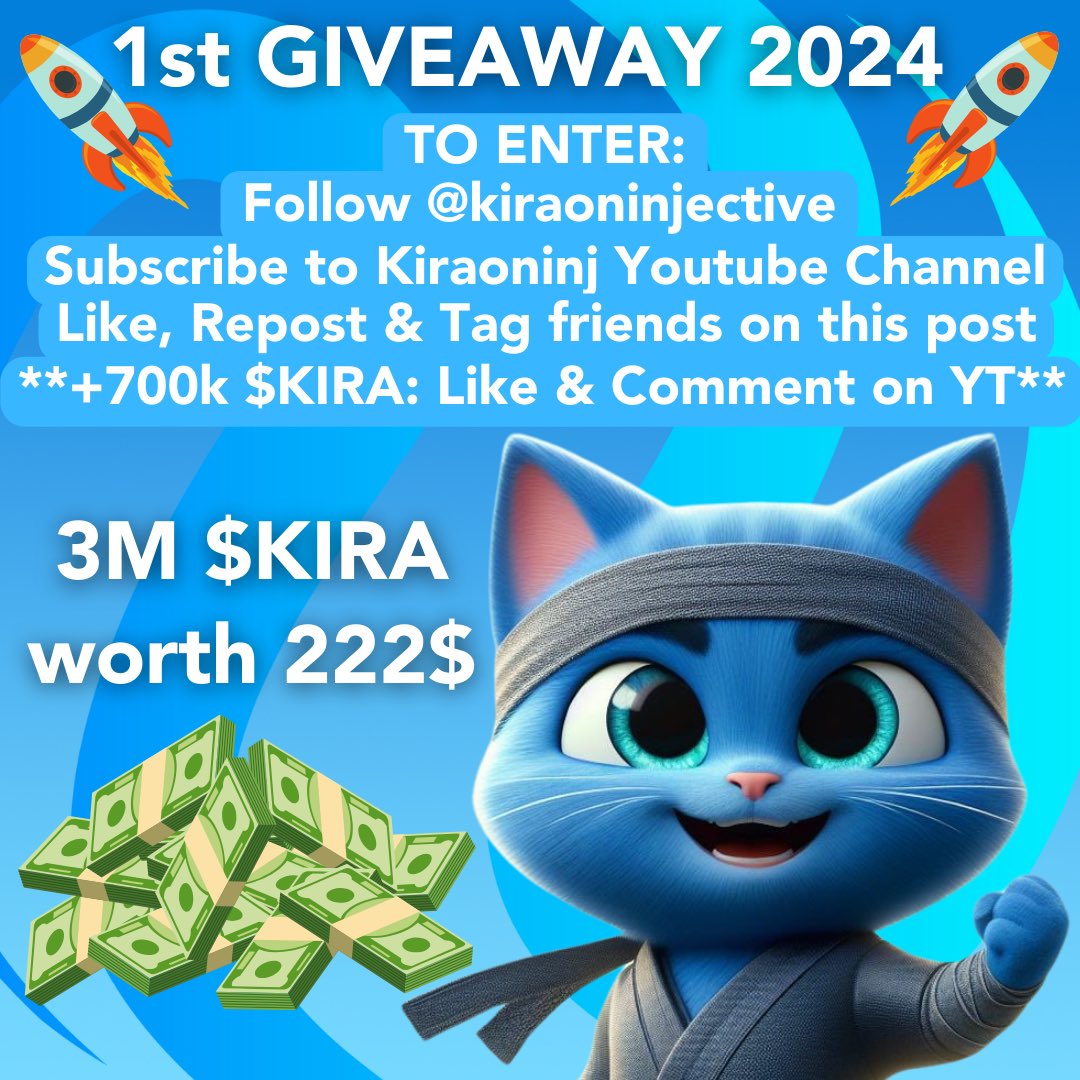 KIRA GIVEAWAY 🎁

In an effort to get the word out there of our official backup account we’re giving away 3M $KIRA 😻

To enter:
• Like &amp; RT
• Tag 2 Frens
• Follow <a href="/kiraoninjective/">Kira - The Injective Cat</a>
• Subscribe to our Youtube channel: youtube.com/@Kiraoninj?si=…

Good Luck 🍀