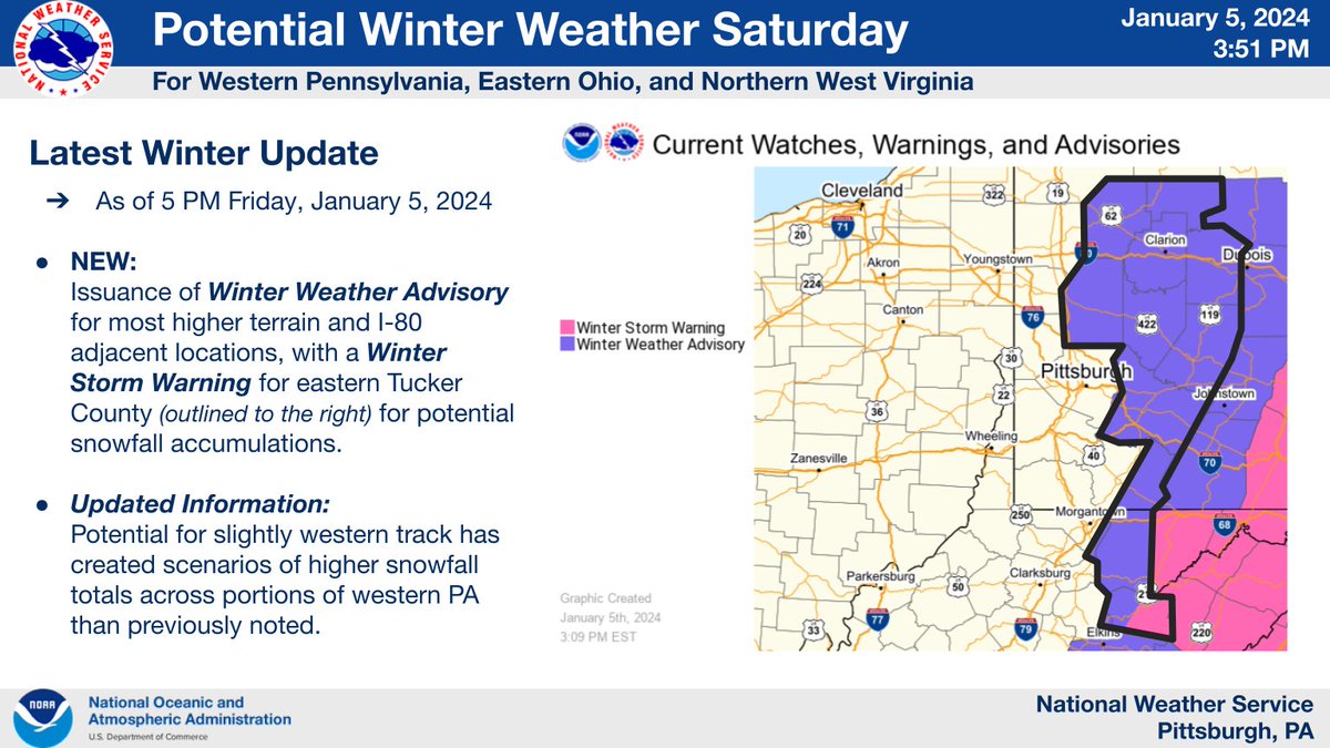 NWSPittsburgh's tweet photo. Saturday Update:

- A Winter Storm Warning and a Winter Storm Advisory have been issued for 7am-10pm Saturday.

- There remains lower probability for higher snowfall amounts over west central PA (including Pittsburgh).
 
- Visit https://t.co/MfIlo9y6TH for detailed information! https://t.co/hfr2uEsWcf