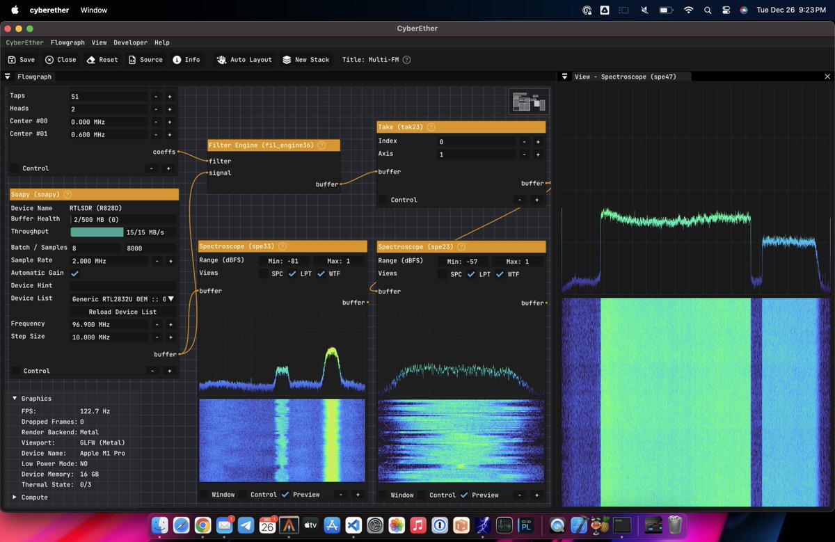 luigifcruz's tweet photo. ⚡️ First alpha version of CyberEther is now available on GitHub for Linux (Vulkan) and macOS (Metal).

🆕 Complete README with installation instructions and much more!

🦑 Portable flowgraph with GPU-accelerated blocks.

🔑 MIT Licensed

💚 More to come!

https://t.co/pRi4tlyIWa https://t.co/kIu8t5A4wx
